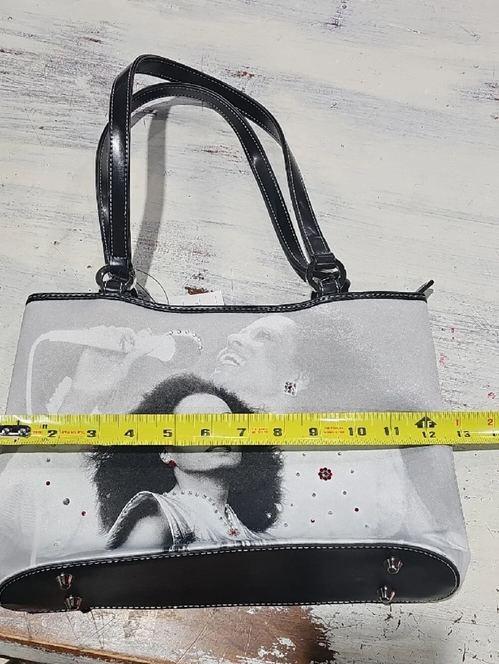 Black & Gray Diana Ross Portrait Graphic Tote Bag with Embellished Accents